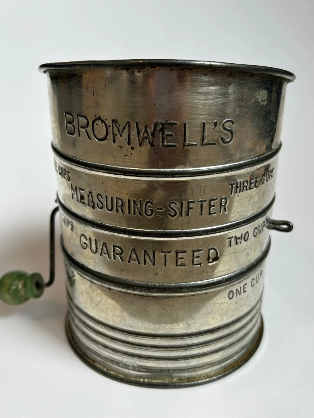 Vintage Bromwell’s 3 c. Metal Flour Sifter with Green Wooden Handle
